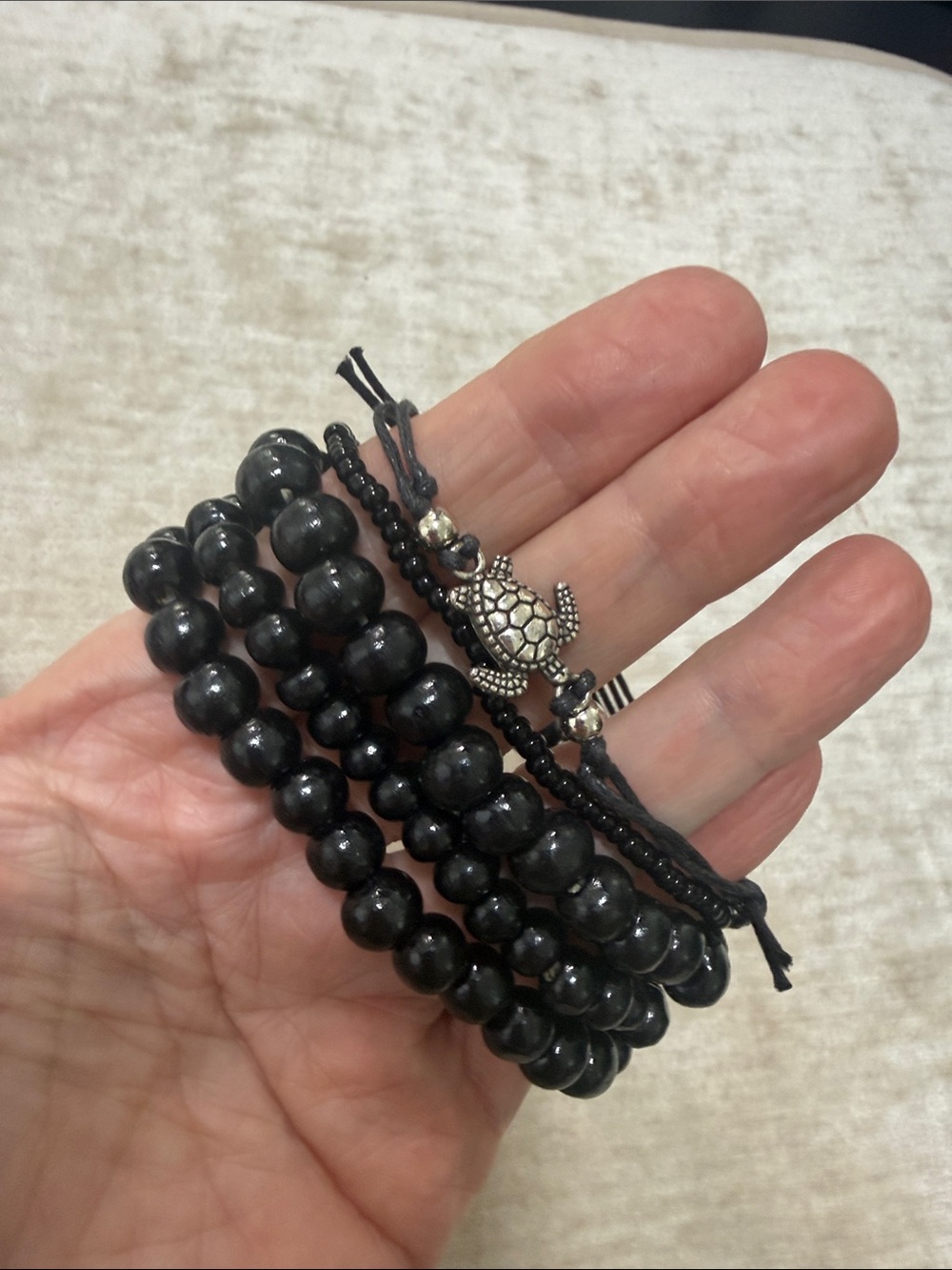 Black Beaded Layered Bracelet Set with Turtle Charm